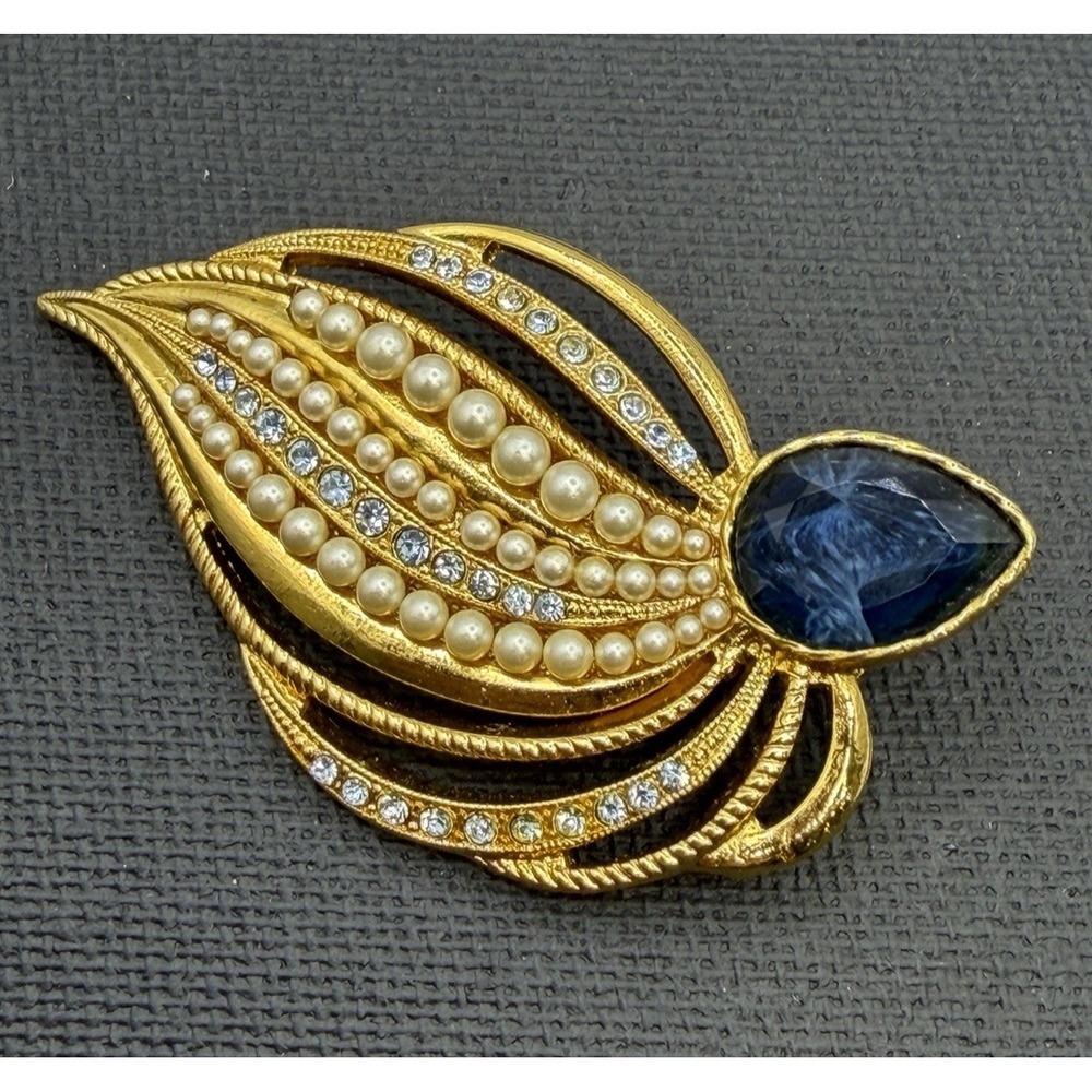 Vintage Gold Tone Leaf Feather Brooch Blue Rhinestones Faux Pearl Blue Cabochon